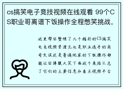 cs搞笑电子竞技视频在线观看 99个CS职业哥离谱下饭操作全程憋笑挑战，看到第几个你笑了？